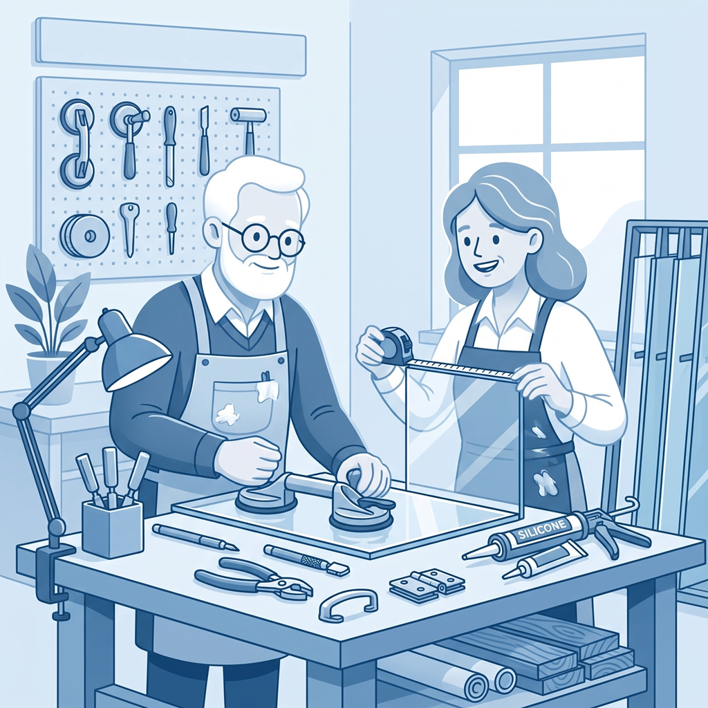 Two craftspeople measuring glass in a workshop