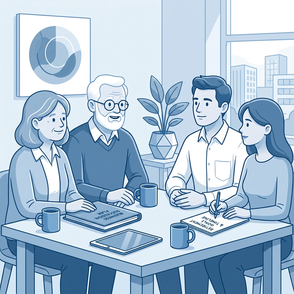 Two advisors shaking hands over a contract with business documents in the background