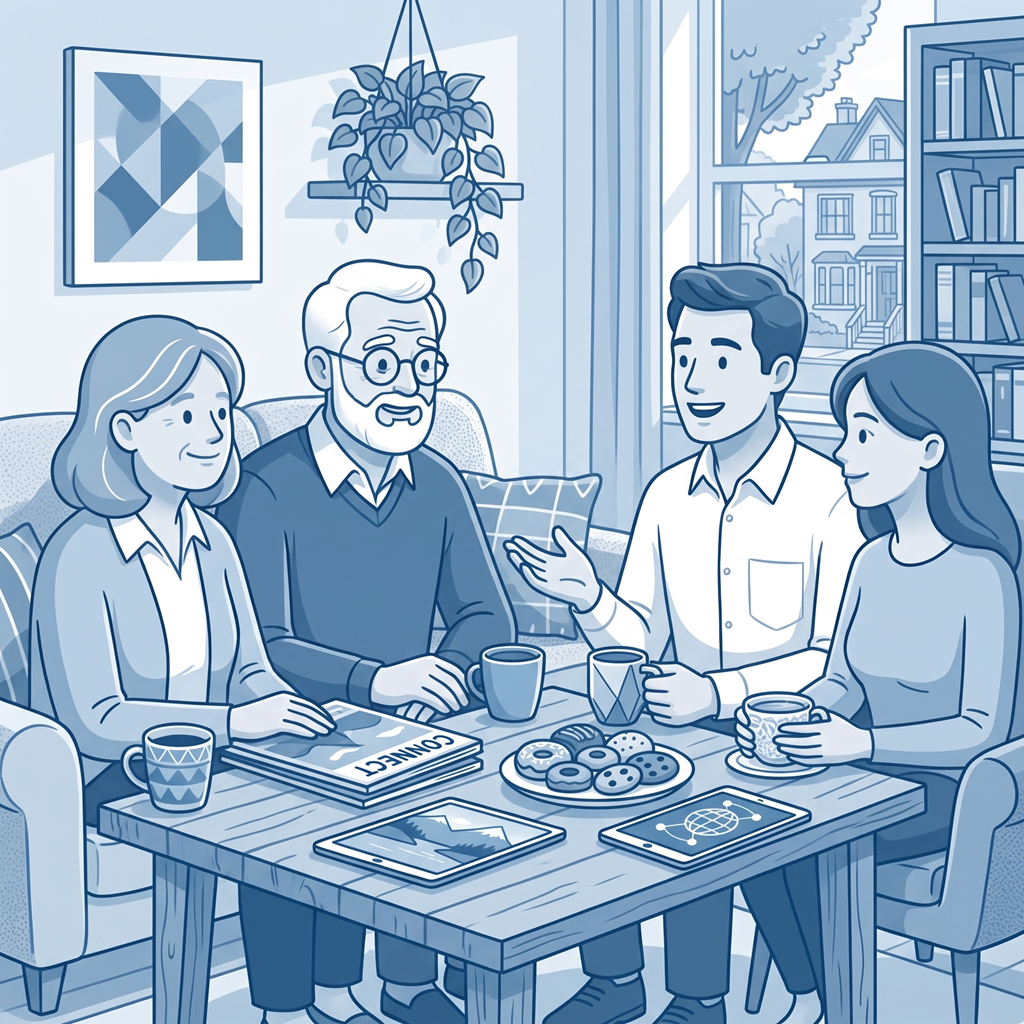 Two couples meeting over coffee to discuss business transition plans